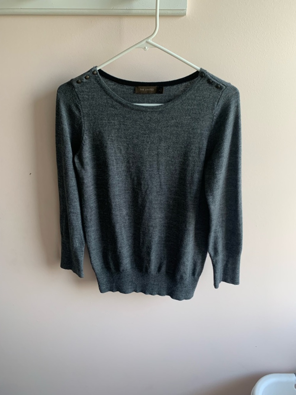 The Limited Charcoal Gray Wool Blend Crewneck Sweater with Shoulder Buttons